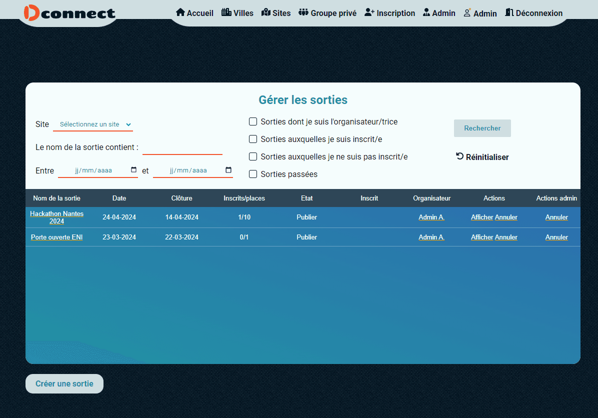 Vue du site en tant qu'administrateur